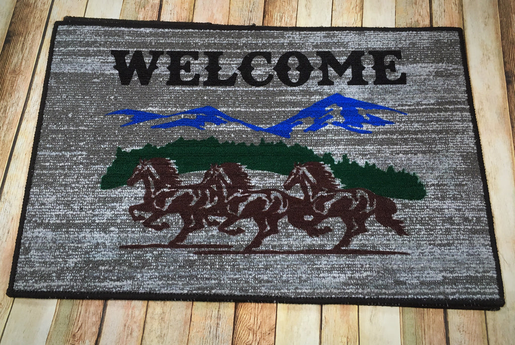 Running Horses with Mountain Welcome Mat