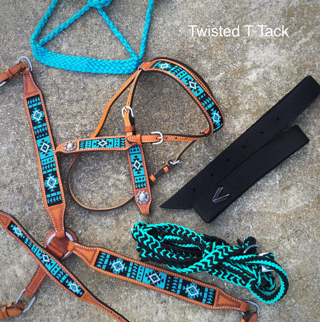 Complete Turquoise and Black Aztec Beaded Tack Set