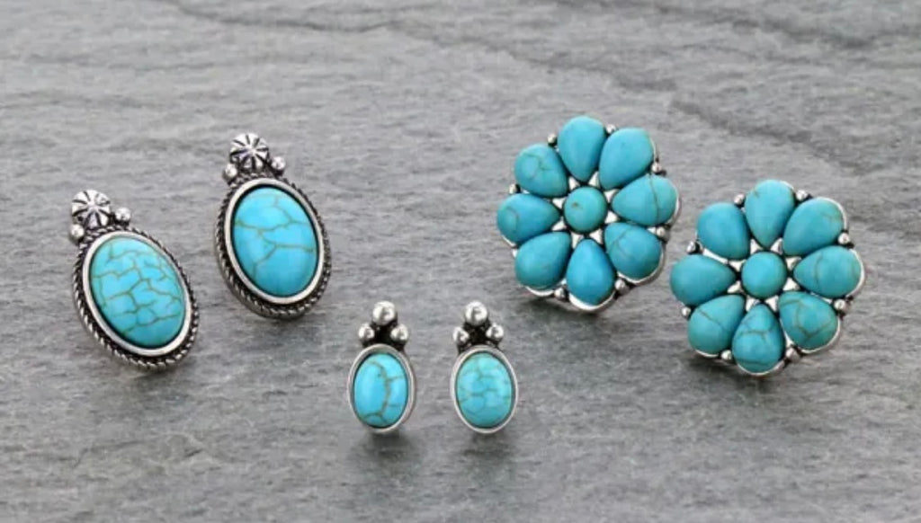 Turquoise Stone 3 Pair Earring Set