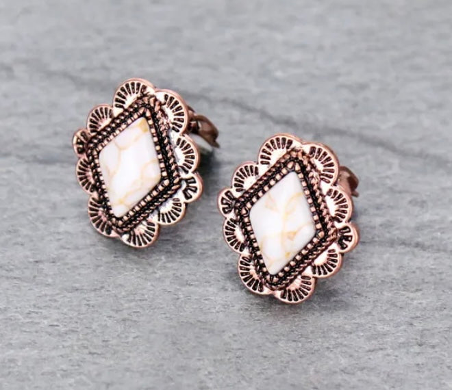 White Stobe Coppertone Clip-On Earrings