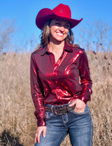 Cowgirl Tuff Red Shiny Metallic Button Up Pullover