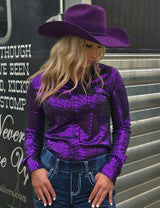 Cowgirl Tuff Black and Purple Metallic Button Up Pullover