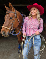 Cowgirl Tuff Red Candy Stripe with Rhinestones Button Up Pullover