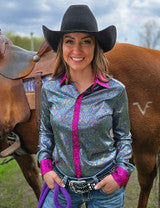 Cowgirl Tuff Rainbow Holographic with Pink Button Up Pullover