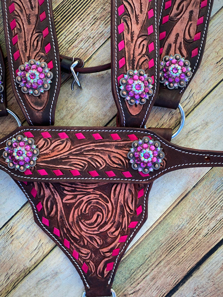 Pink Buckstitch Tooled Tack Set