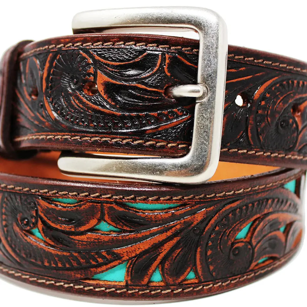 Teal Inlaid Tooled Belt