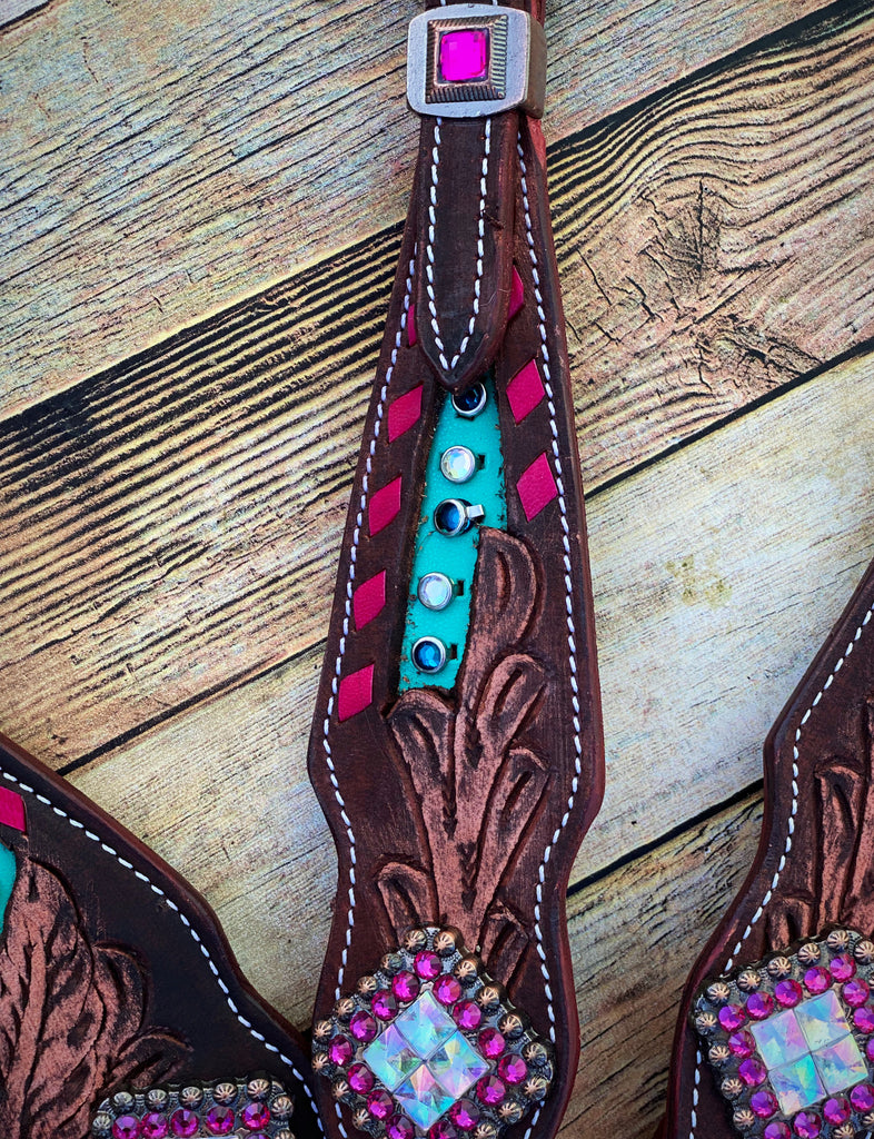 Cob Size Turquoise with Pink Buckstitch Tack Set