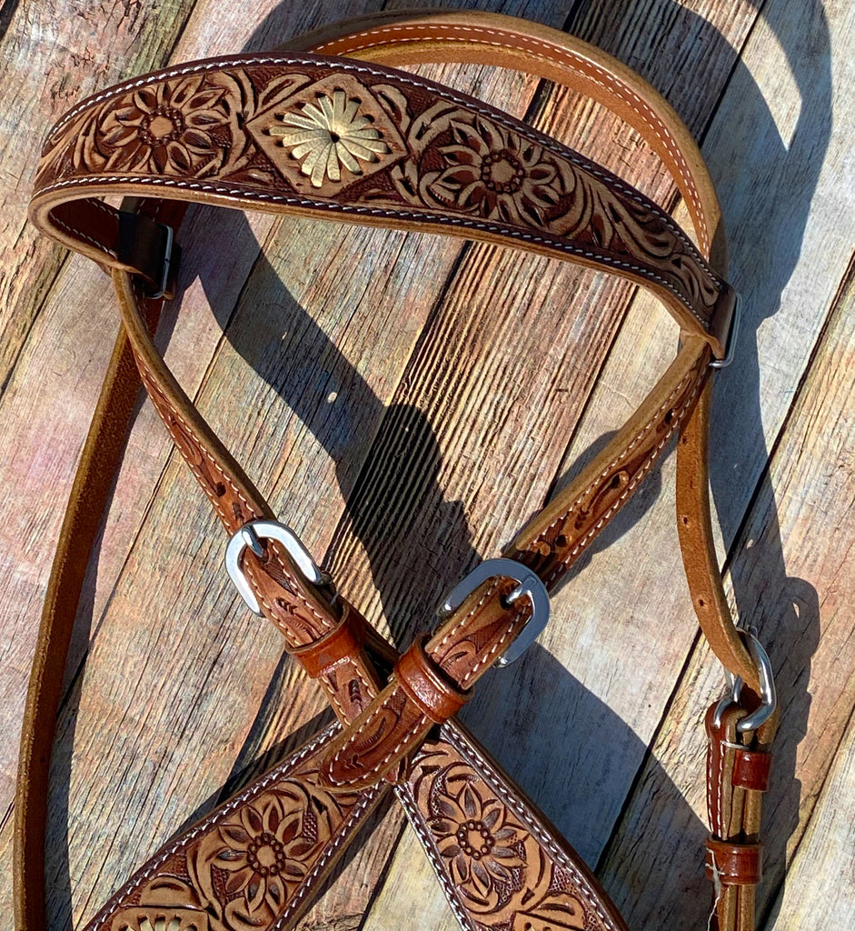 Rawhide Laced Floral Tooled Tack Set