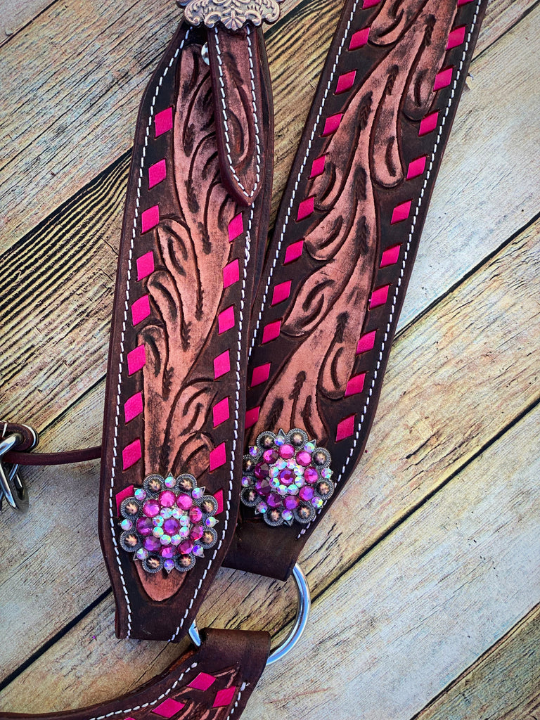 Pink Buckstitch Tooled Tack Set