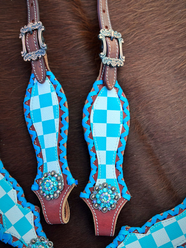 Turquoise and White Checkered Pony Size Tack Set