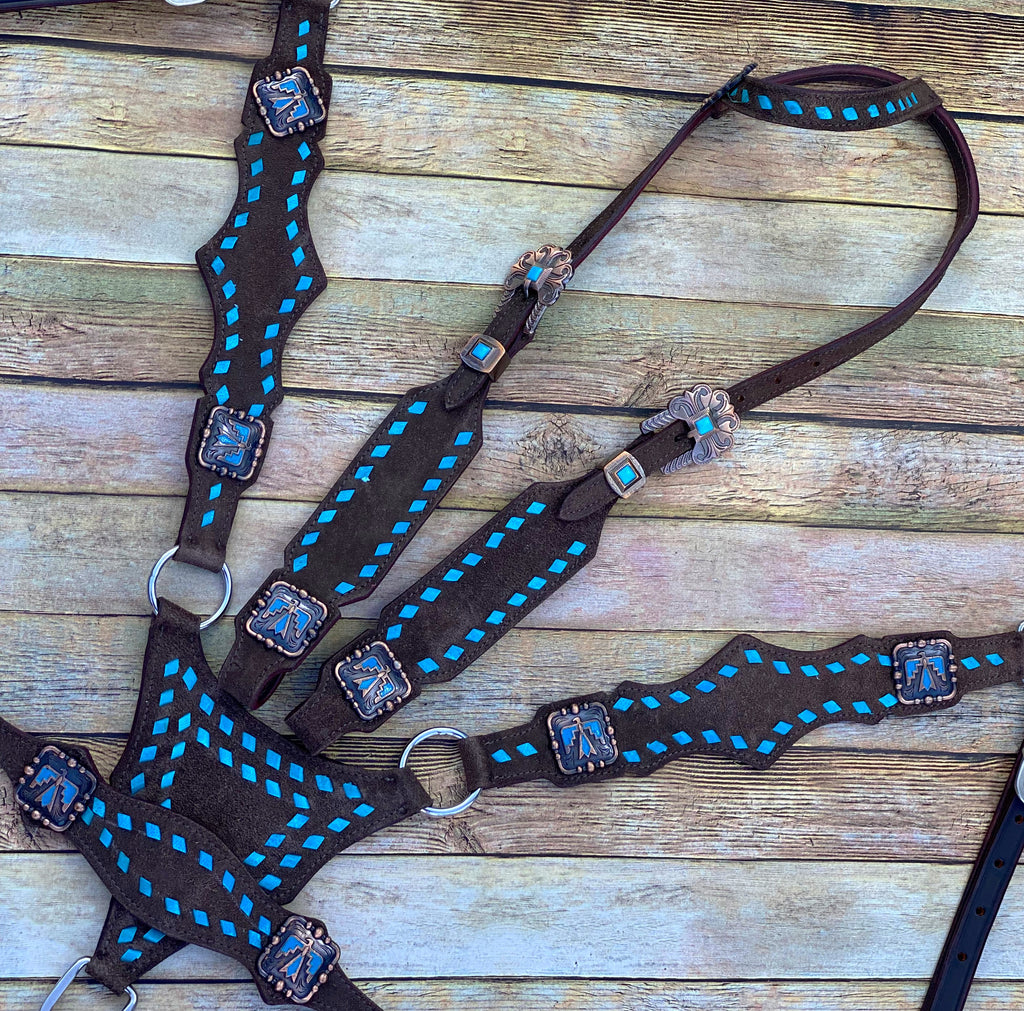 Roughout with Turquoise Buckstitch Cob Size Tack Set