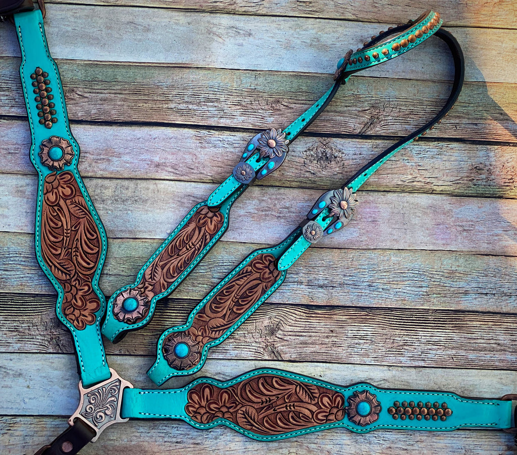 Turquoise Tooled Tack Set