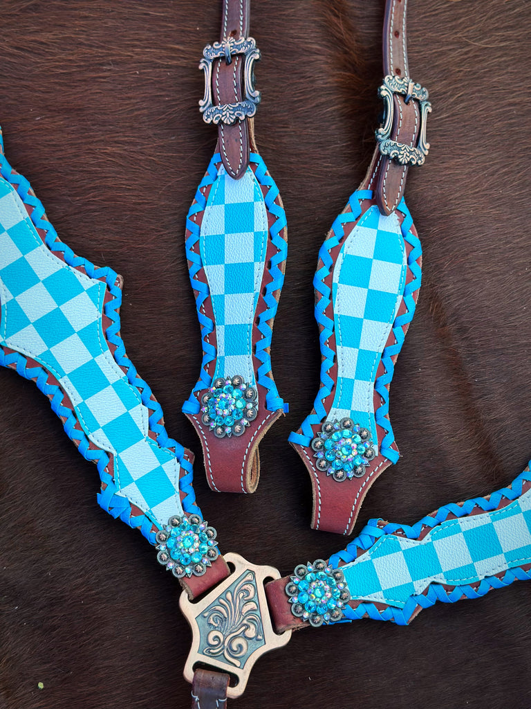 Turquoise and White Checkered Pony Size Tack Set
