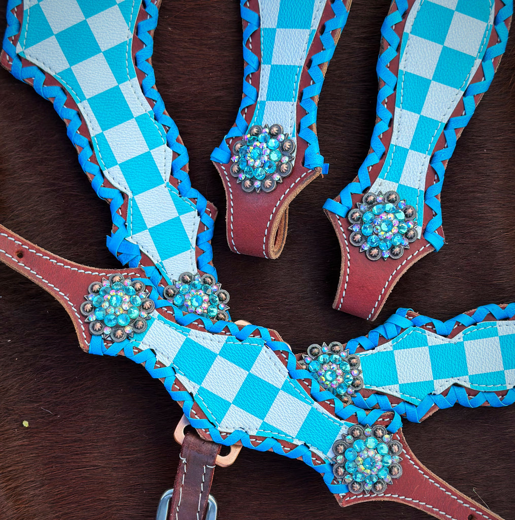 Turquoise and White Checkered Pony Size Tack Set