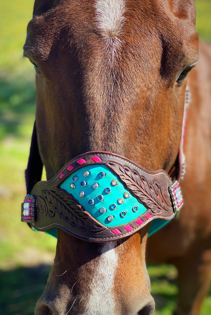 Turquoise With Pink Buckstitch Bronc Halter