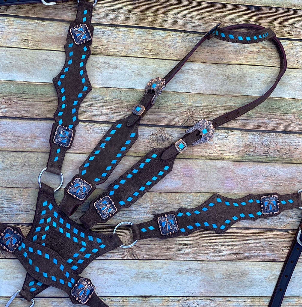 Roughout with Turquoise Buckstitch Cob Size Tack Set