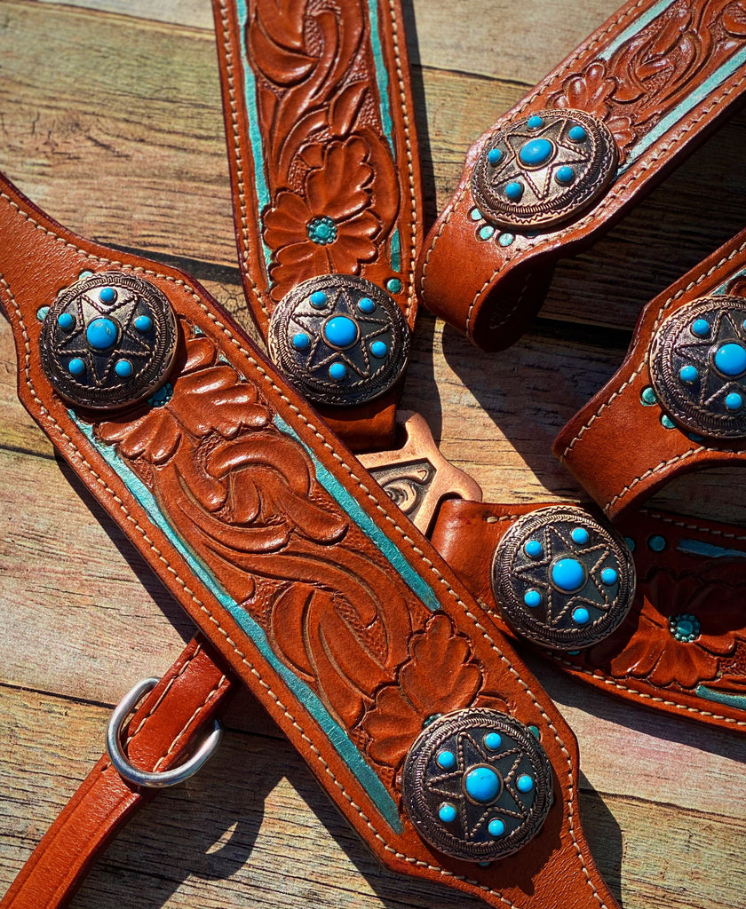 Metallic Turquoise Tooled Tack Set