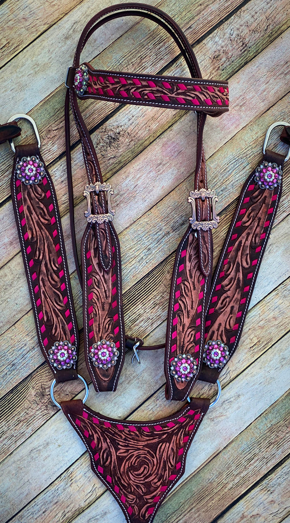 Pink Buckstitch Tooled Tack Set