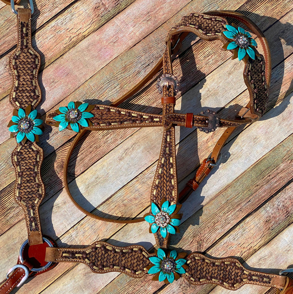 Tooled with Teal Flowers Tack Set