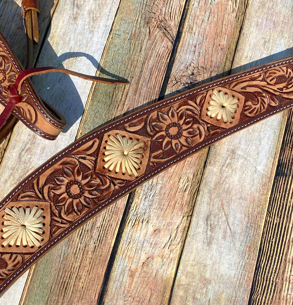 Rawhide Laced Floral Tooled Tack Set