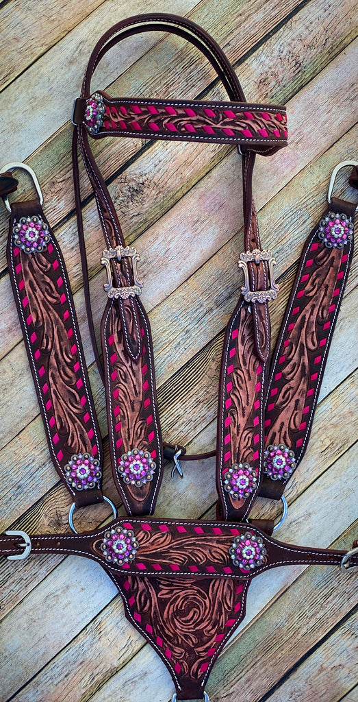 Pink Buckstitch Tooled Tack Set