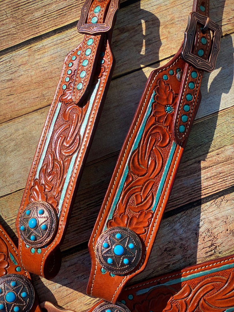 Metallic Turquoise Tooled Tack Set