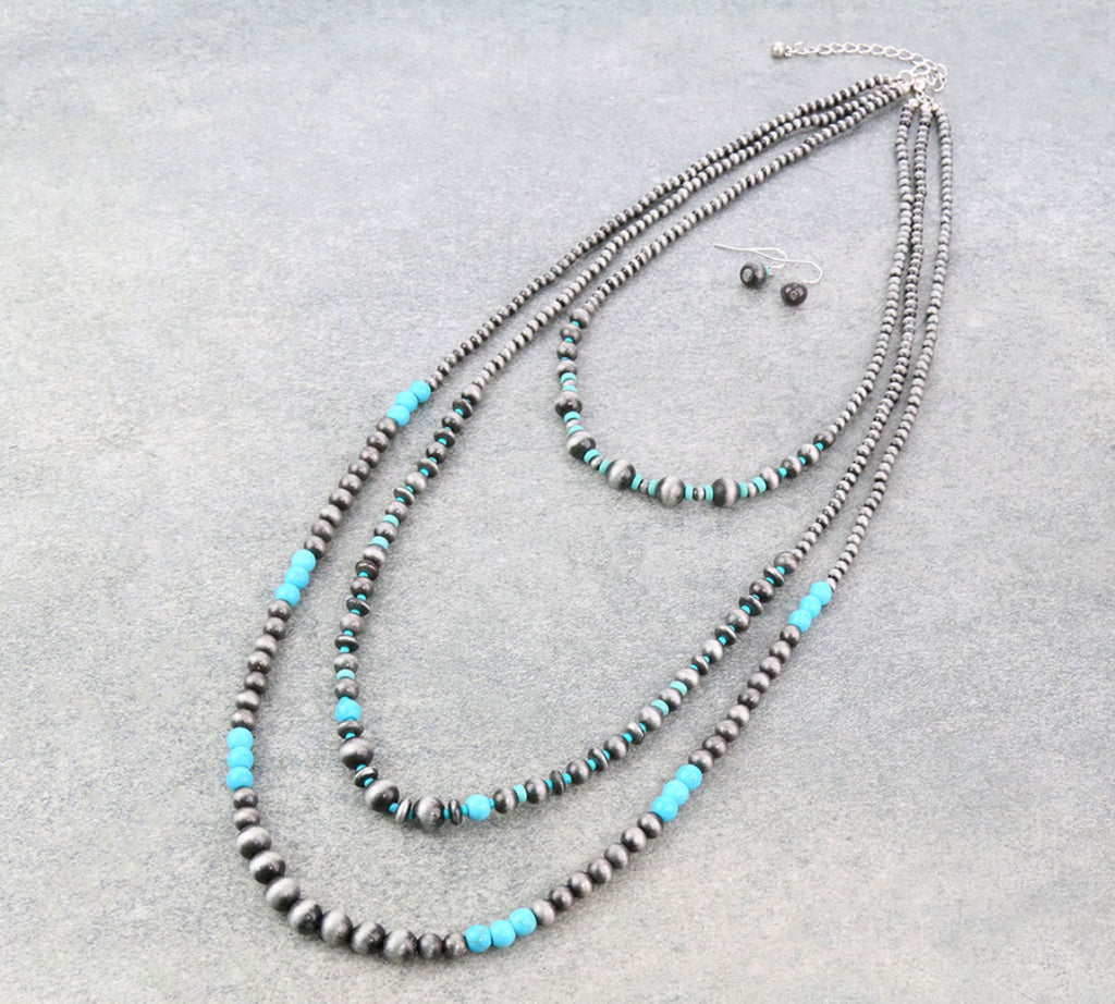 Turquoise Multi Layered Navajo Style Pearl Necklace Set