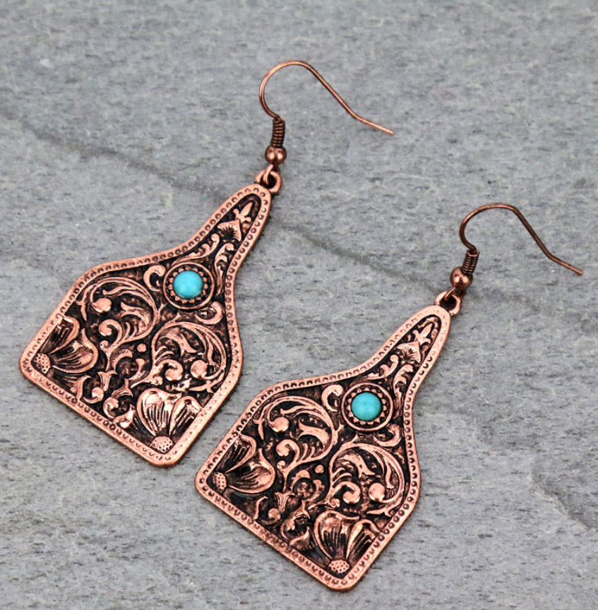 Copper Engraved Cattle Tag Earrings