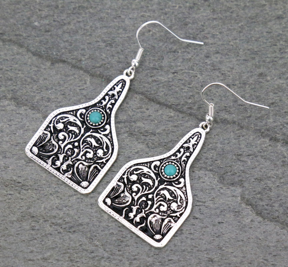 Silver Engraved Cattle Tag Earrings