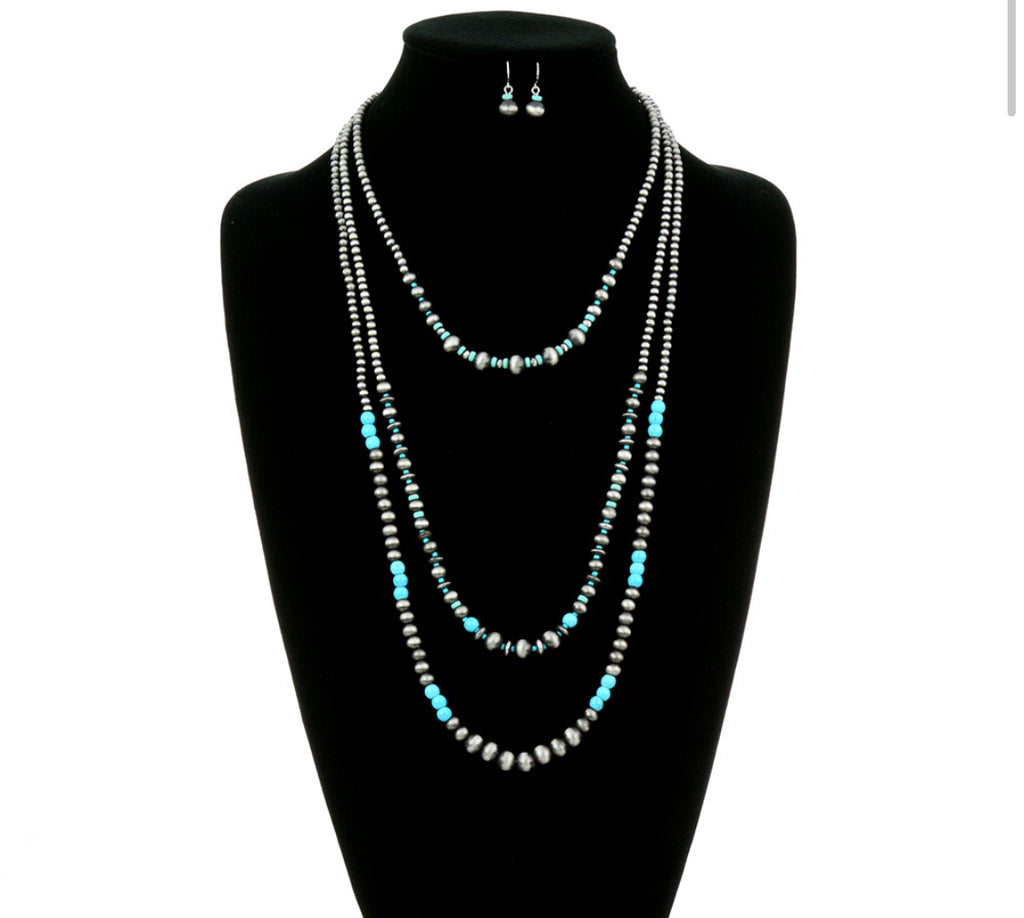 Turquoise Multi Layered Navajo Style Pearl Necklace Set