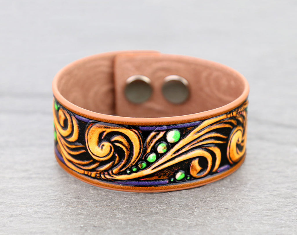 Tooled Leather Floral Snap Button Bracelet