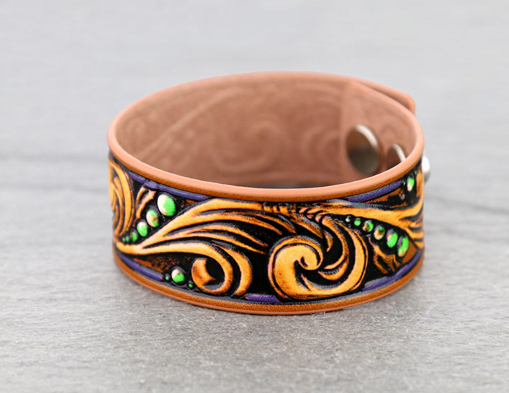 Tooled Leather Floral Snap Button Bracelet