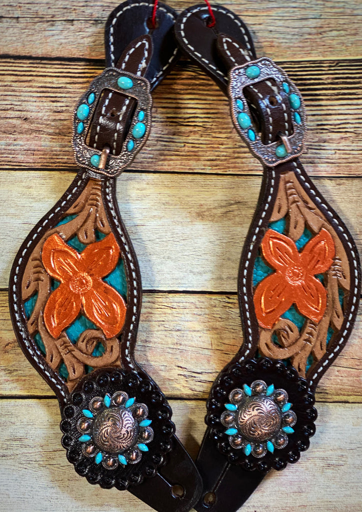 Floral Tooled with Teal Inlay Ladies Spur Straps