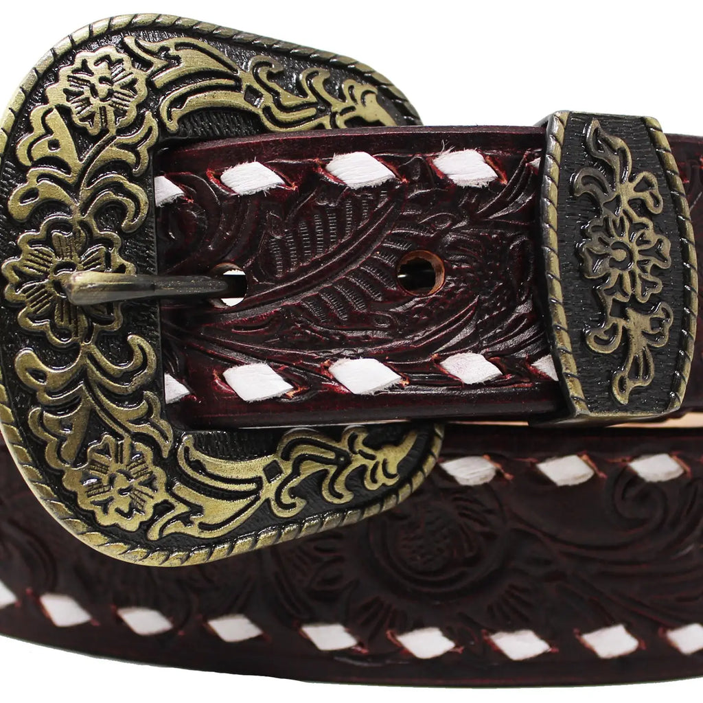 Chocolate Tooled Belt with White Buckstitch