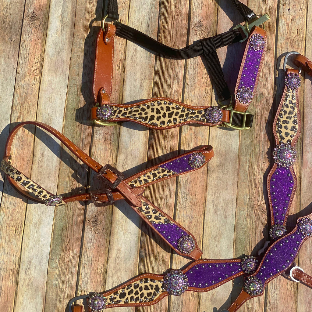Complete Purple Glitter Cheetah Cob Tack Set