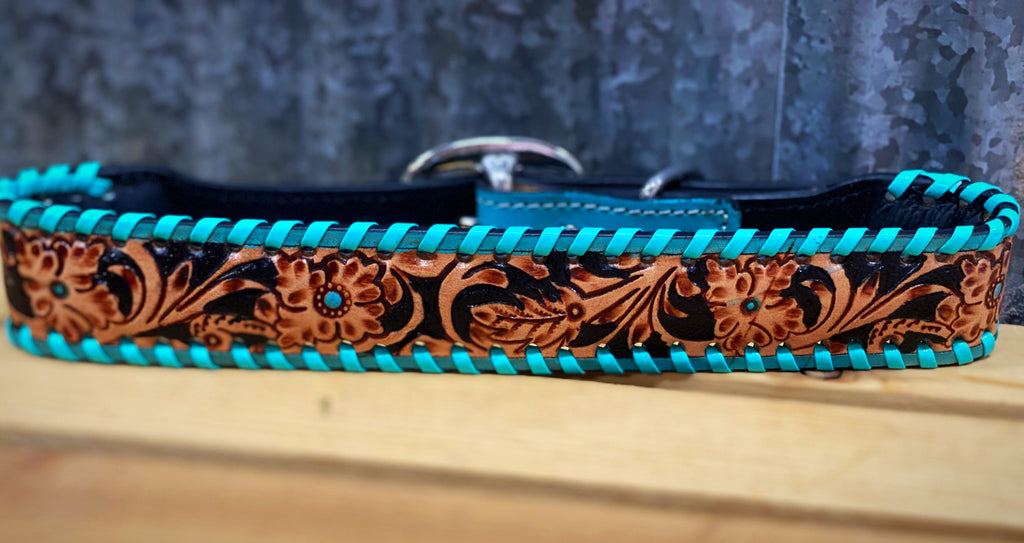 Acety Hand tooled with Turquoise Whipstitch Dog Collar