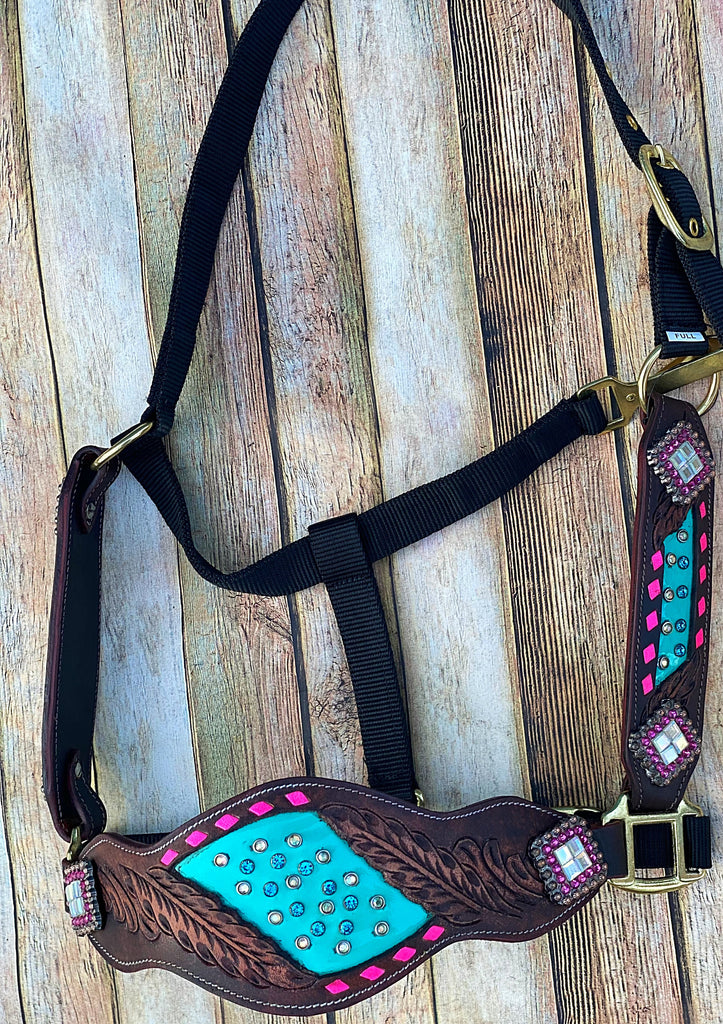 Turquoise with Pink Buckstitch Bronc Halter