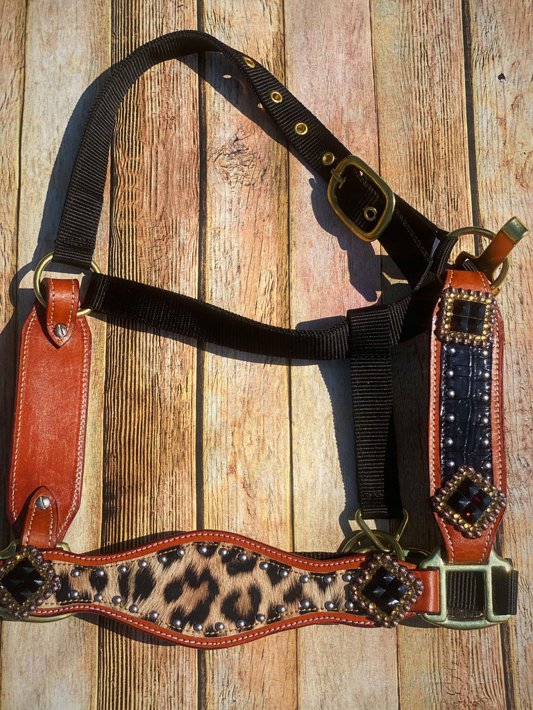 Black and Cheetah Cob Size Bronc Halter