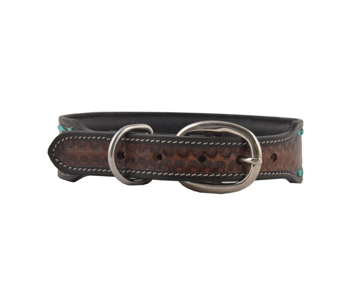 Scenic Hand Tooled with Turquoise Buckstitch Dog Collar