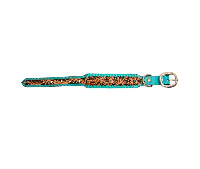 Acety Hand tooled with Turquoise Whipstitch Dog Collar