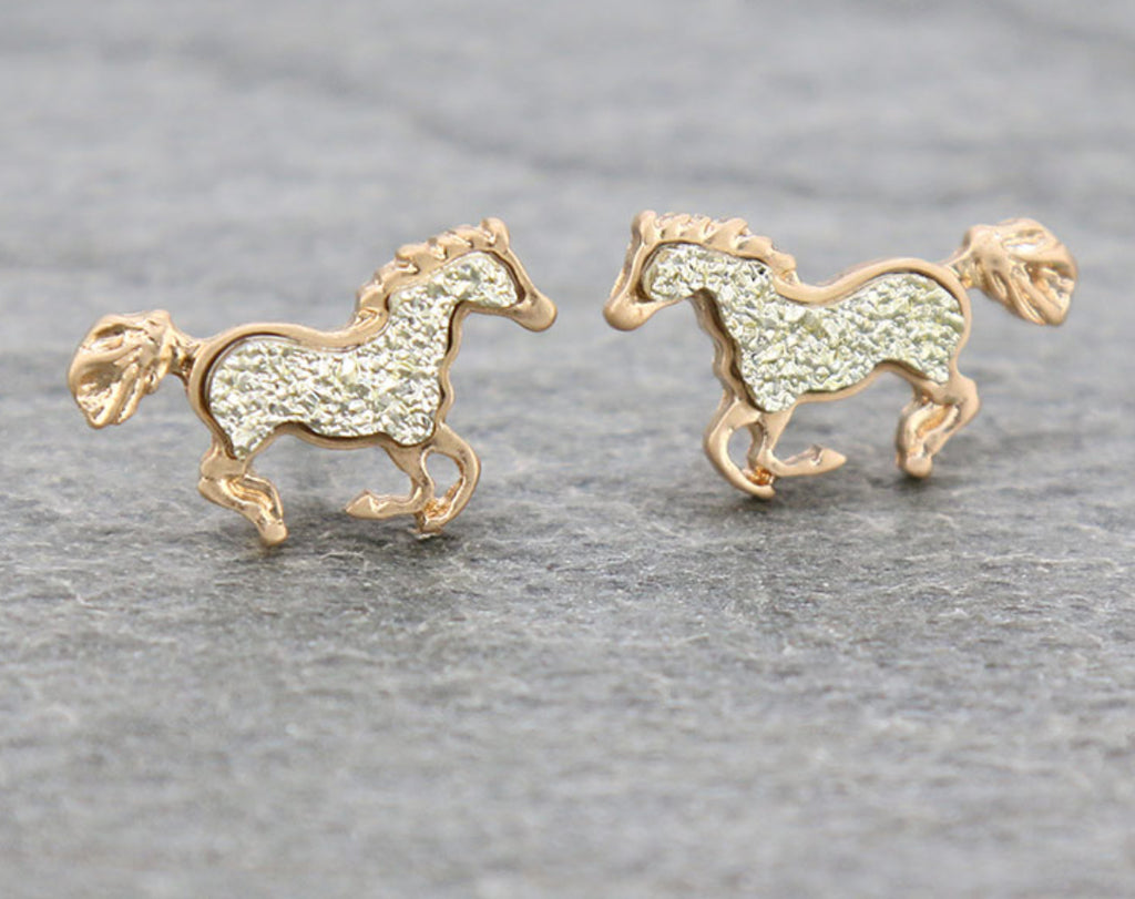 White Metallic Druzy Horse Earrings