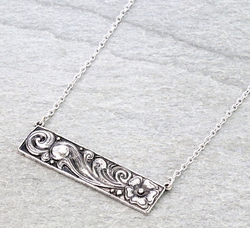 Silver Bar Necklace with Floral