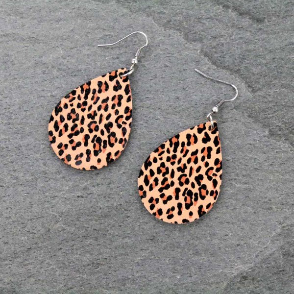 Leopard Teardrop Wood Fish Hook Earrings