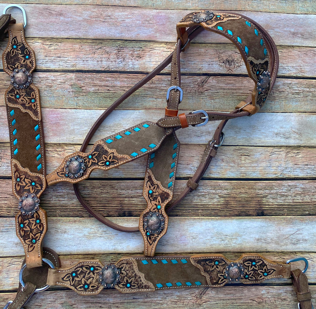 Turquoise Buckstitch Roughout Tack Set