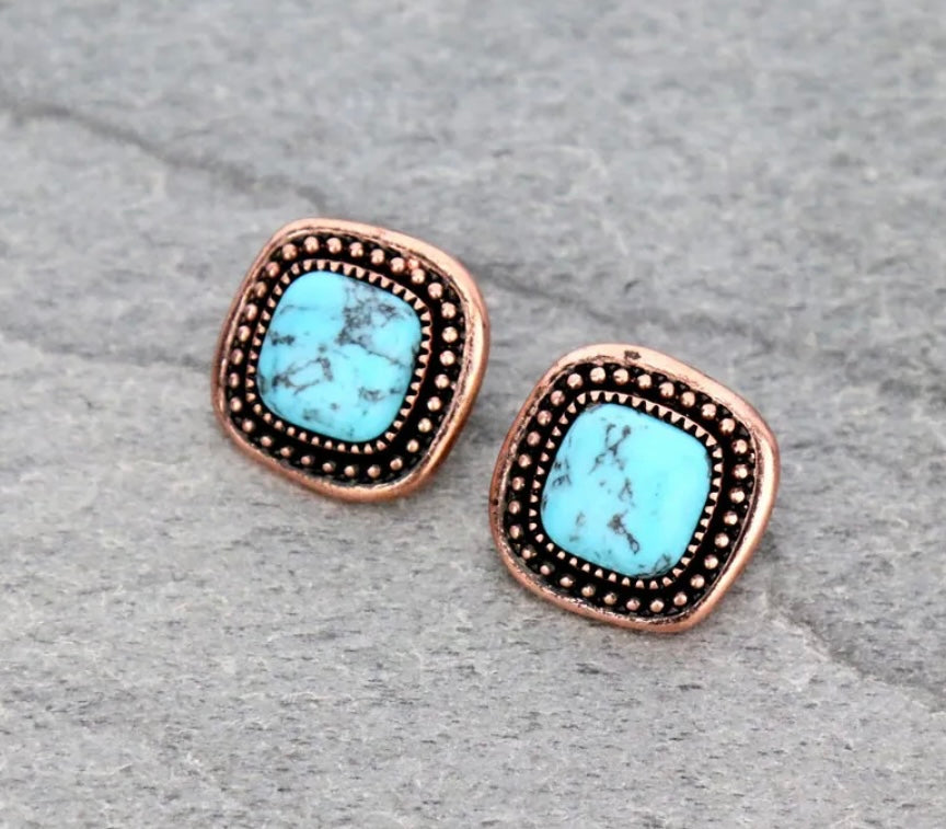 Turquoise Stone Coppertone Stud Earrings