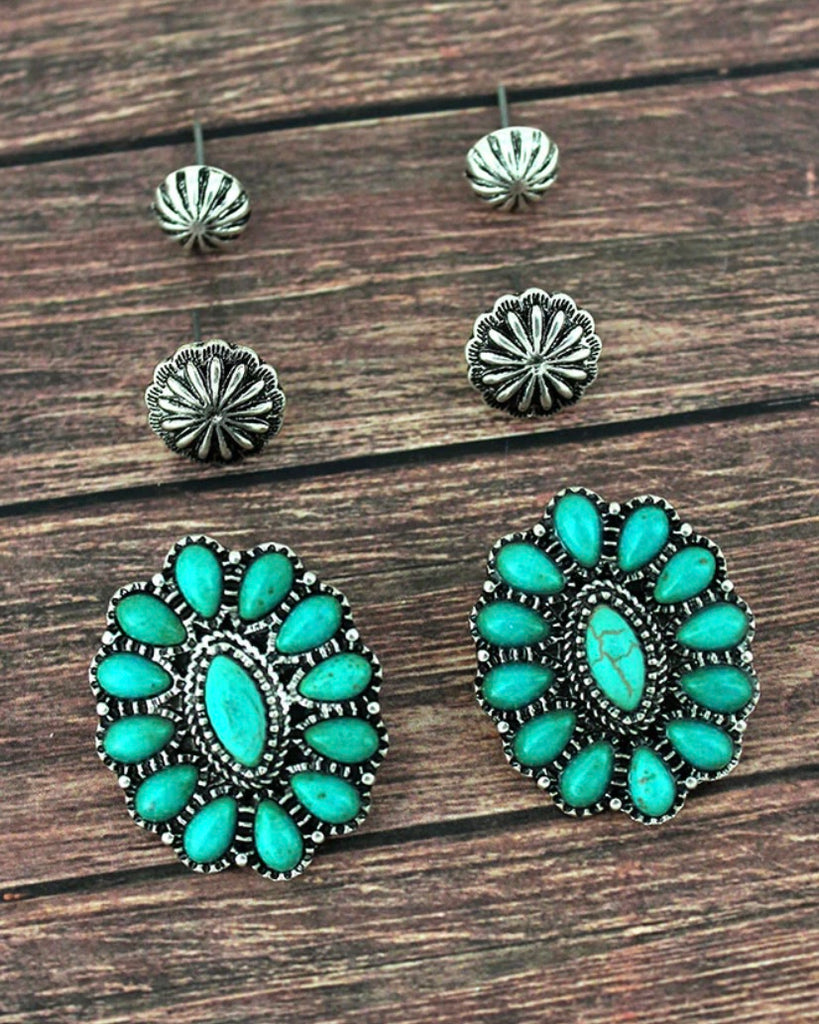 Turquoise Oval and Silvertone Flower 3 Pair Set