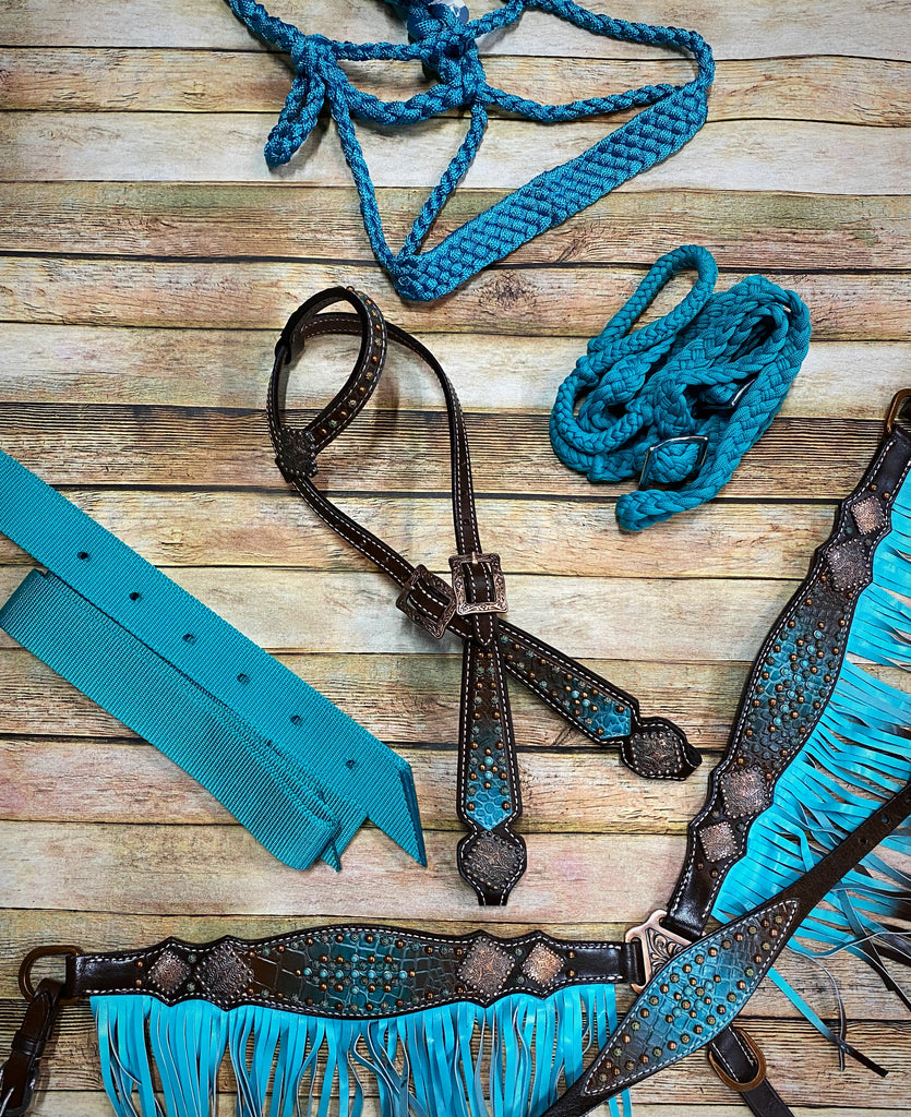 Complete Teal and Chocolate Gator Tack Set with Fringe