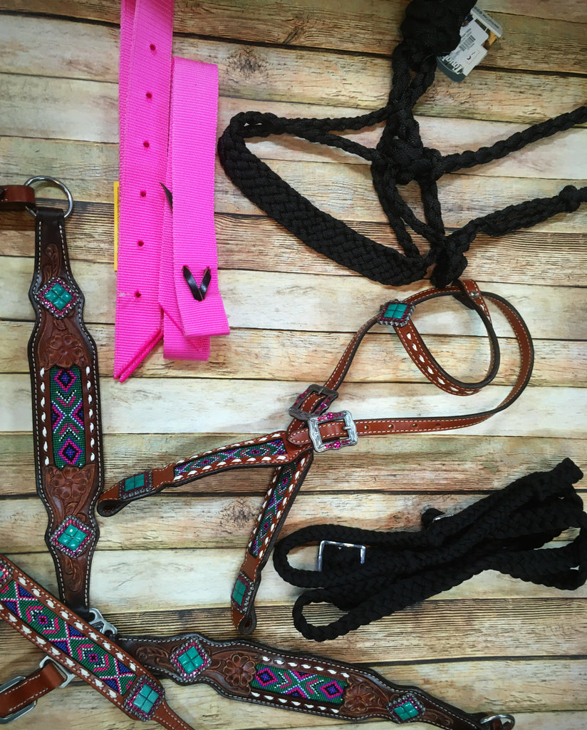 Complete Teal and Pink Beaded Tack Set