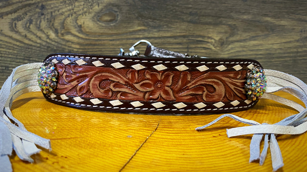 Tooled Wither Strap with fringe accent