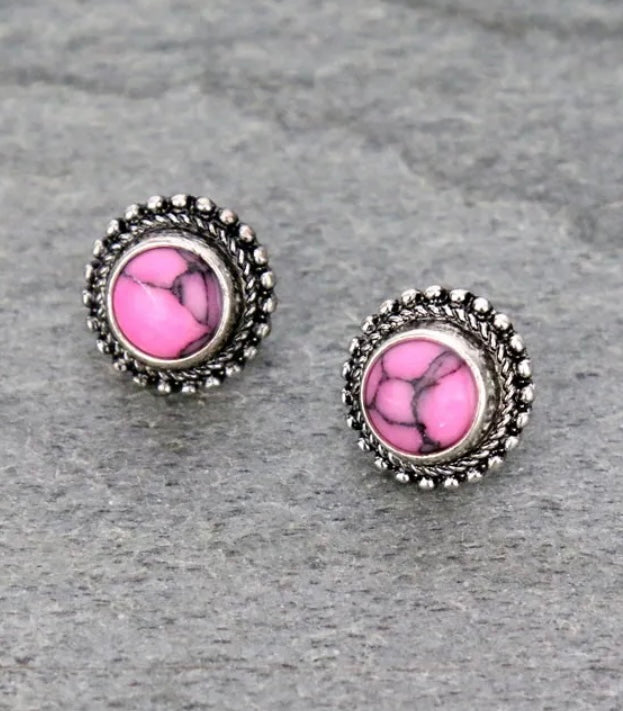 Round Pink Stone Stud Earrings